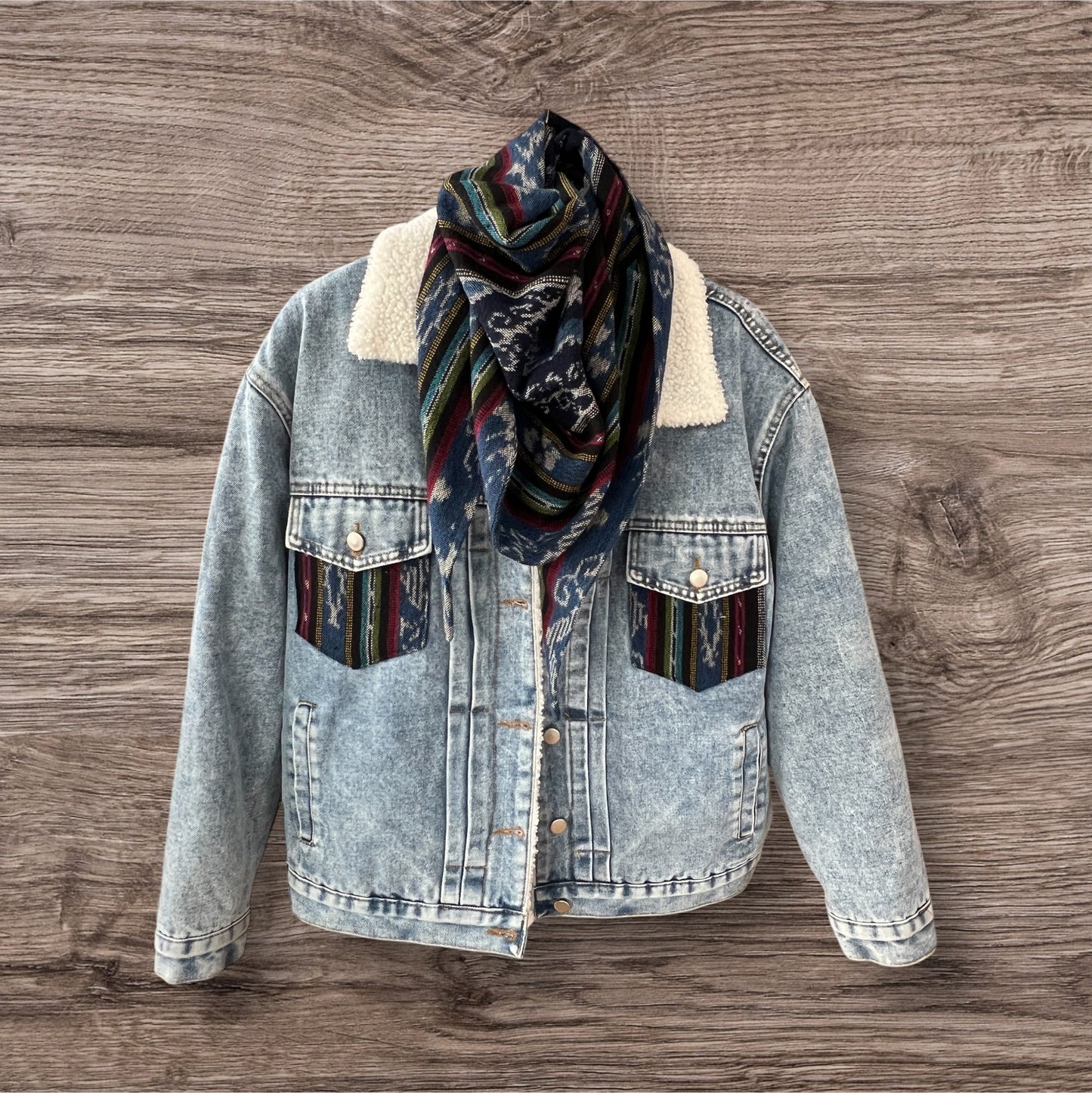 Ikat explorer jean jacket - Front w/scarf